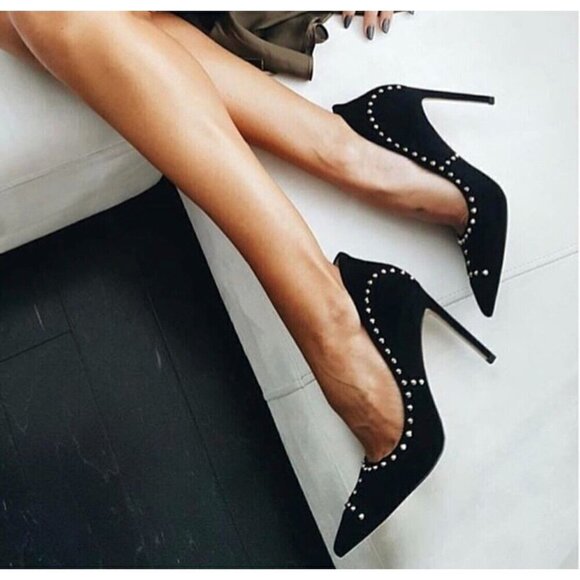 Sam Edelman Sz 7 M 7M Black Suede Leather Studded Heel Stilletto - Picture 1 of 16